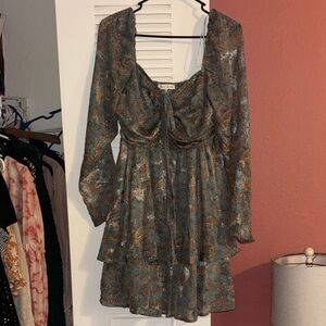 Moon River Long Sleeve Dress in Blue and Brown